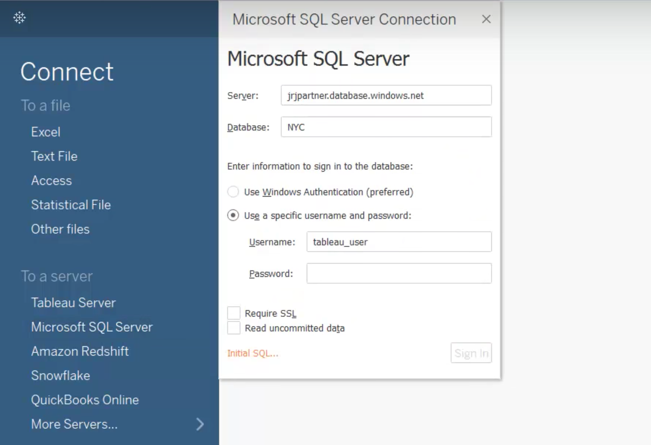 tableau public connect to sql server