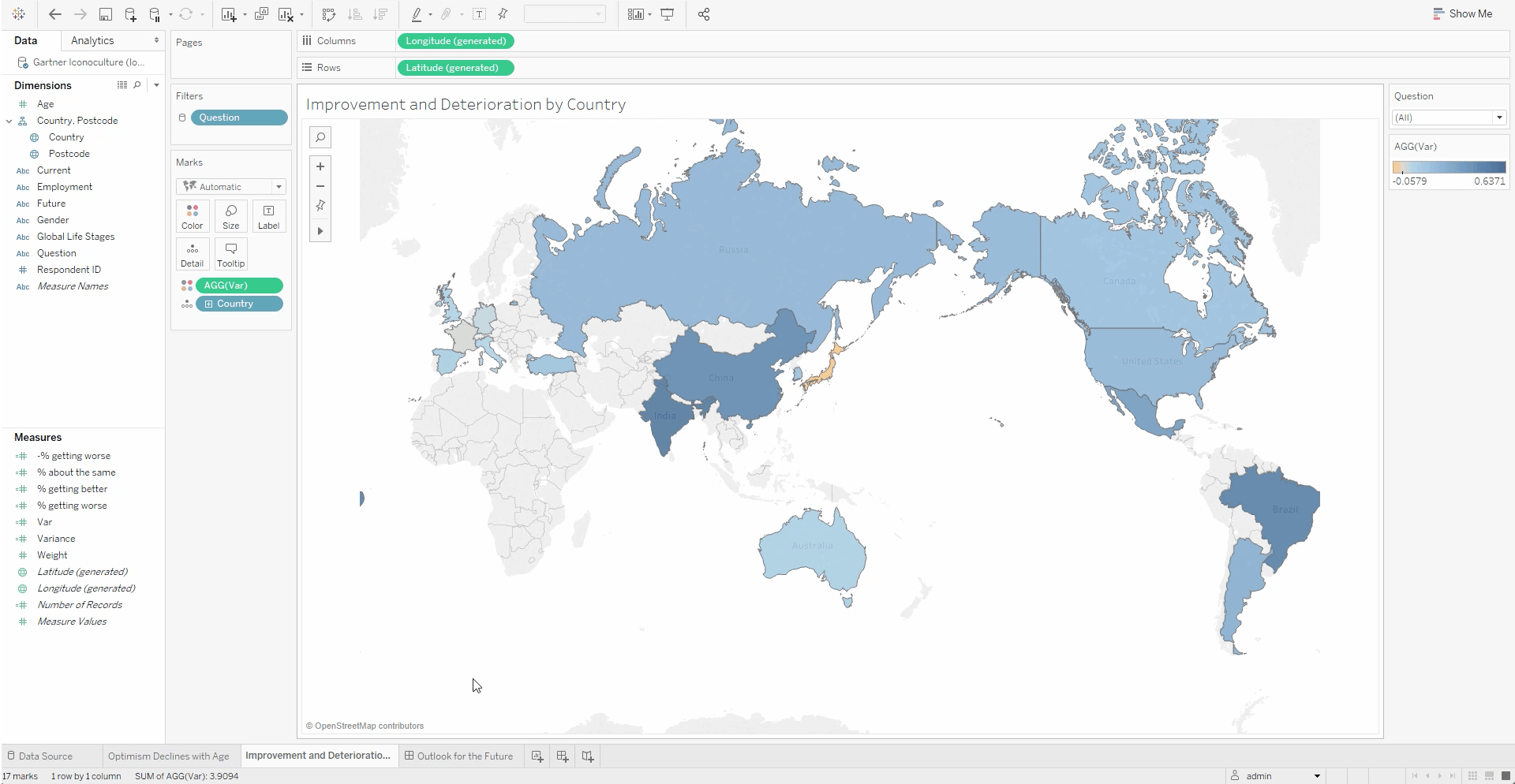 A Tableau visualization of an auto-generated map, showing that people in Japan are less optimistic about their future, based on Gartner's global survey data about loneliness