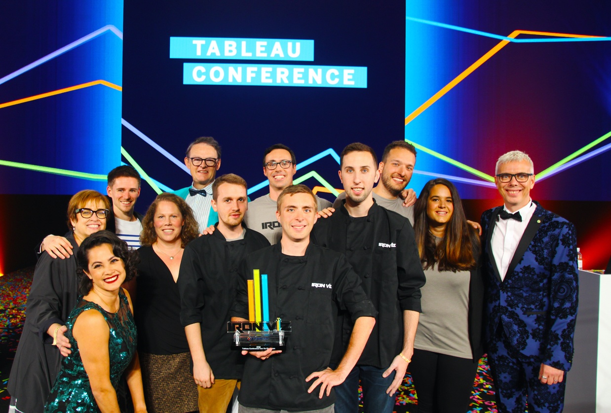 Iron Viz competitors, sous vizzers, judges, and hosts share a photo together at Tableau Conference 2018