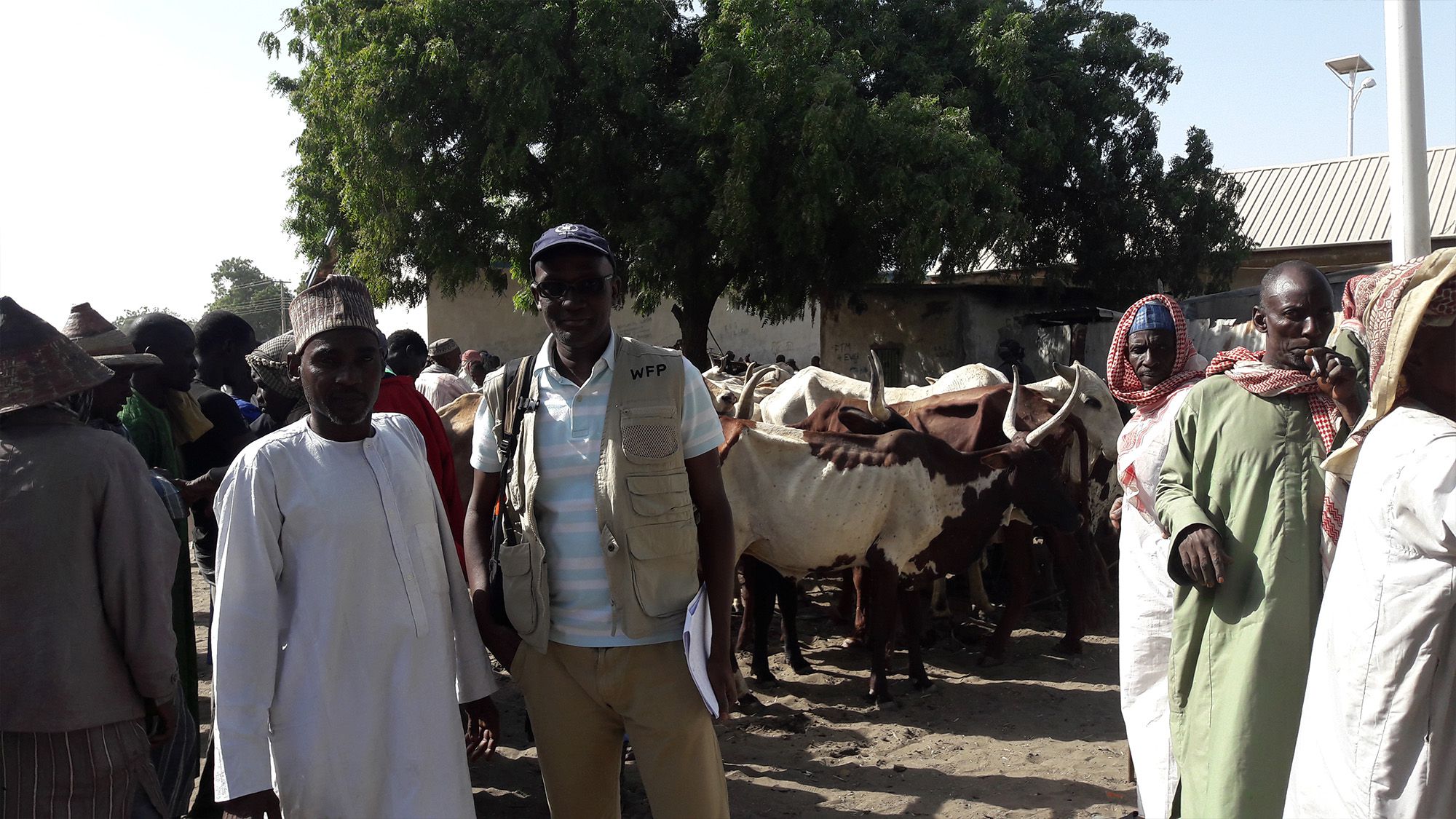 WFP's Moustapha Toure poses alongside a survey respondent at a cattle market outside Maiduguri, Nigeria. Photo Credit: WFP/Amadou Baraze