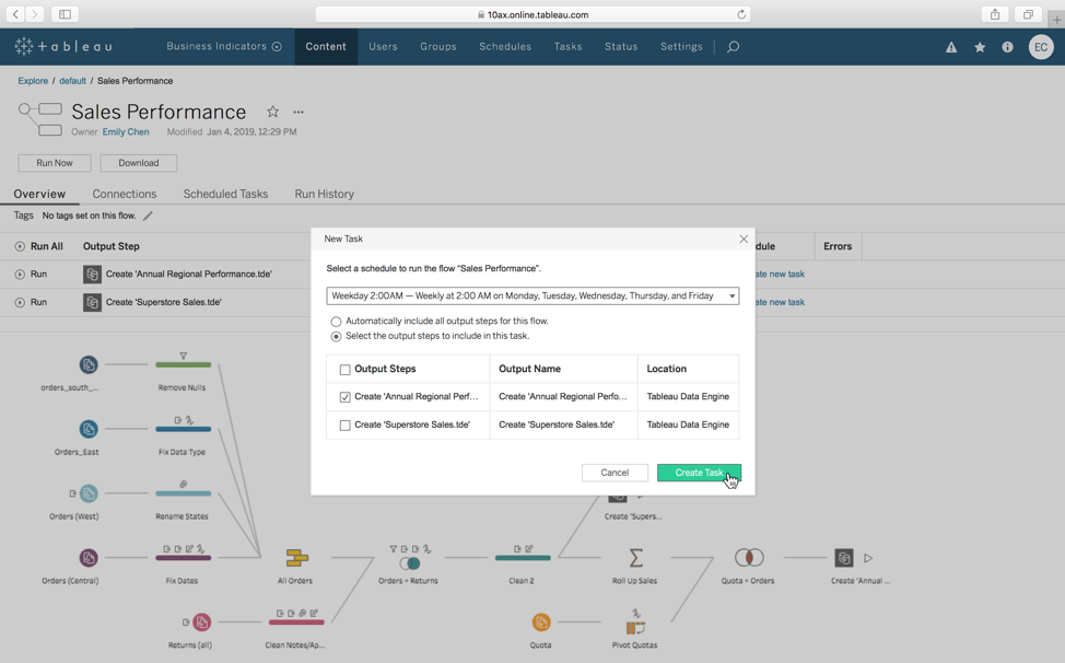 Tableau Server 또는 Tableau Online의 친숙한 작업을 사용하여 흐름이 자동 실행되도록 일정 예약