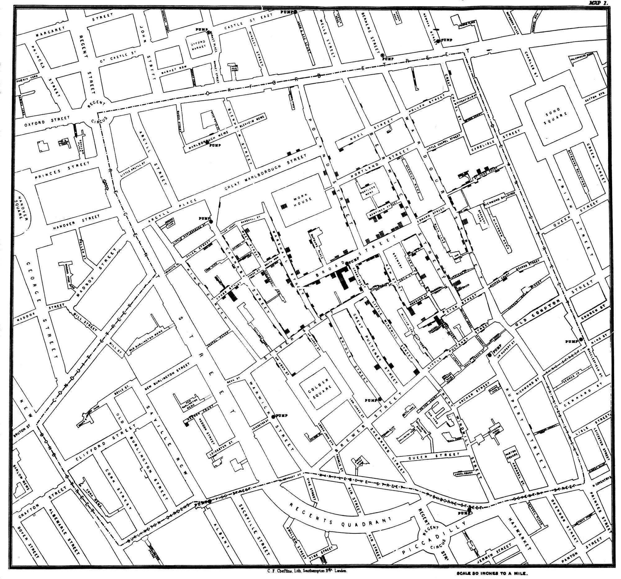 A black and white data visualization map of Broad street in London in 1854 noting the numbers of deaths because of Cholera in little bars on each street.