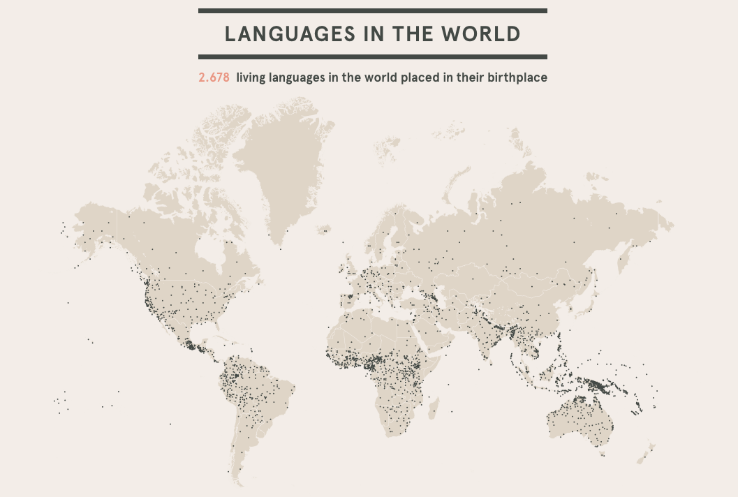 A map visualization showing the entire world and denoting the location that each language was created as a dot.